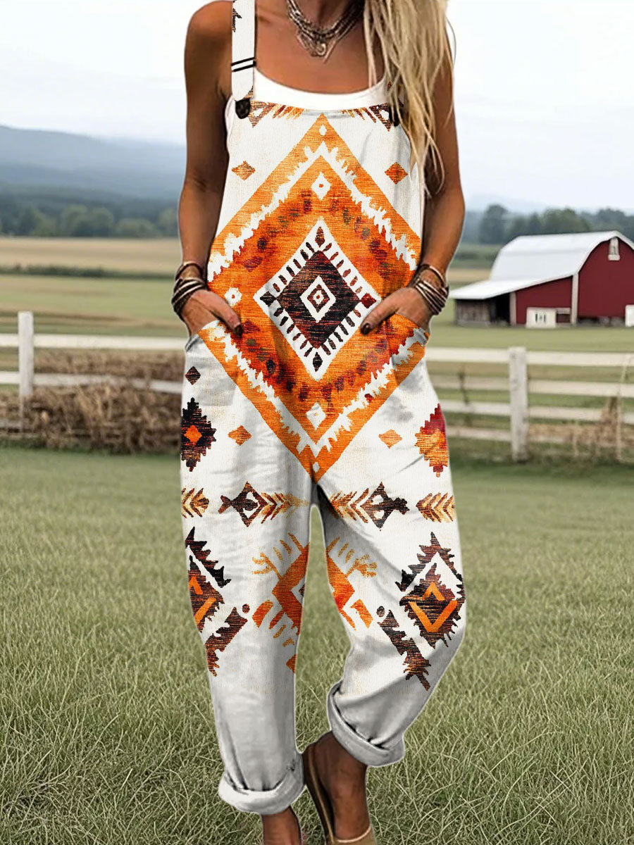 Women's Retro Totem Texture Art Print Casual 100% Cotton Wide Leg Jumpsuit