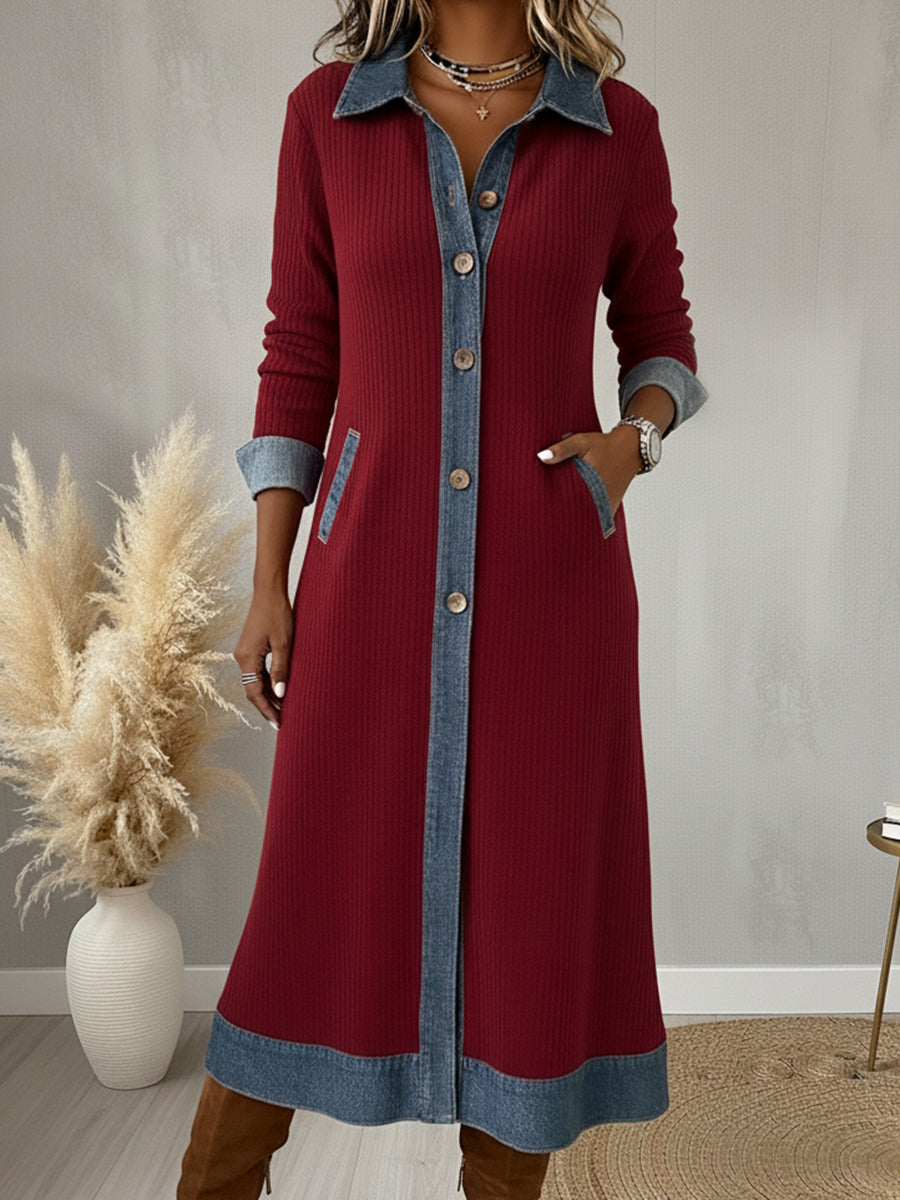 Casual Denim Patchwork Corduroy A-line Midi Dress