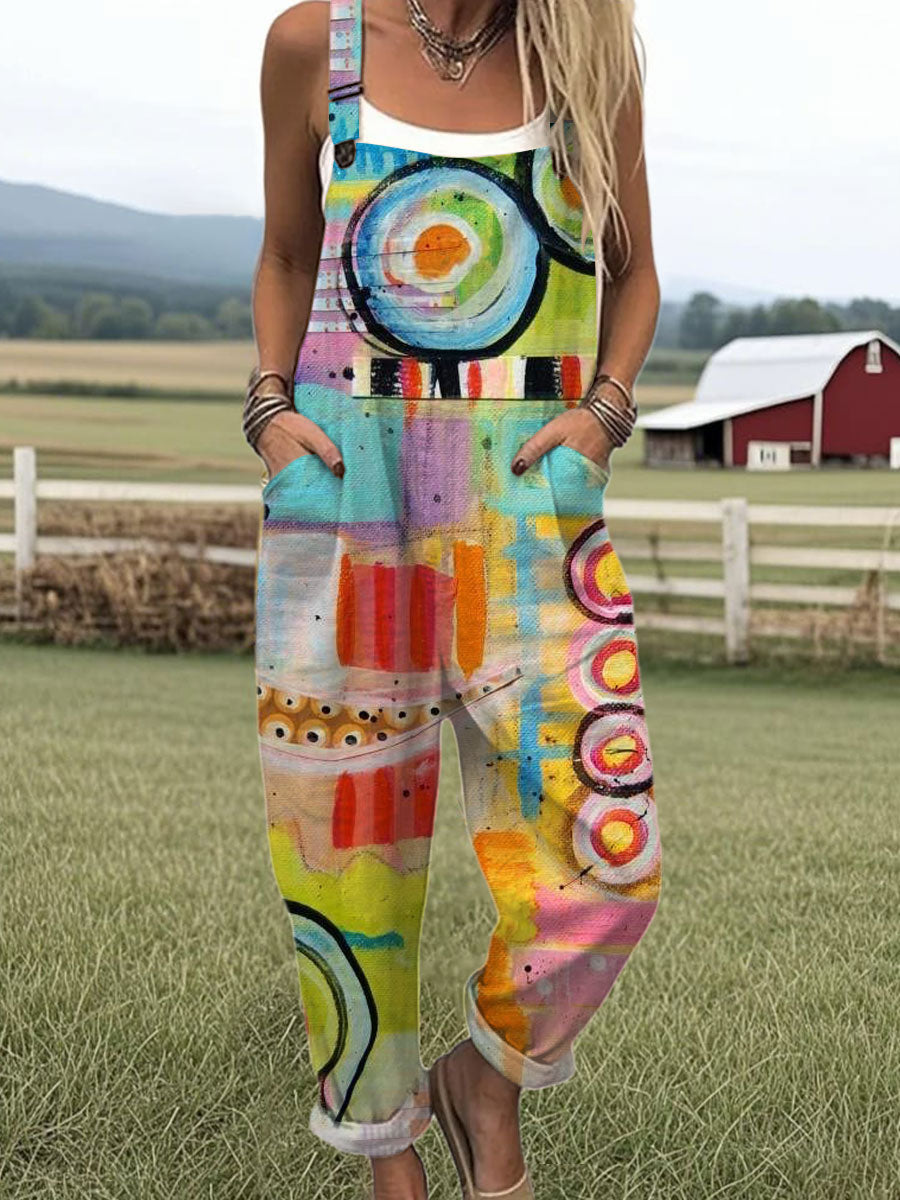 Women's Vintage Abstract Geometry Art Print Casual 100% Cotton Wide Leg Jumpsuit