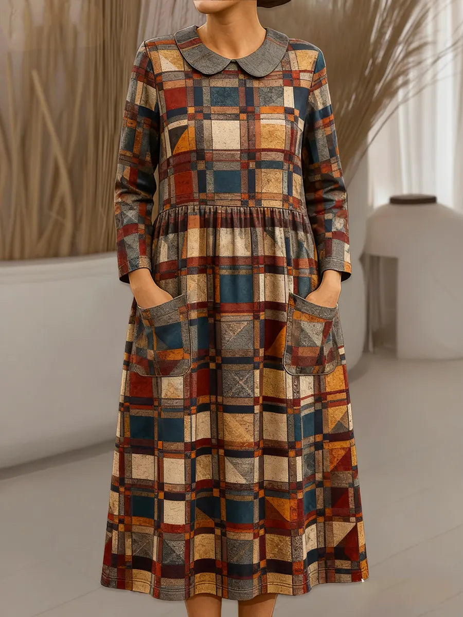 Women's Vintage Abstract Geometry Pattern Art Print Cotton Lapel Shirt Dress