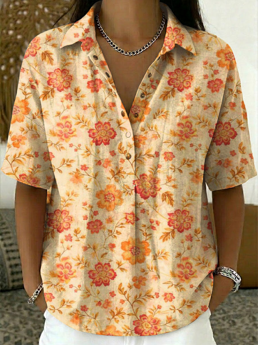 Women's Floral Print Casual Cotton-linen Shirt