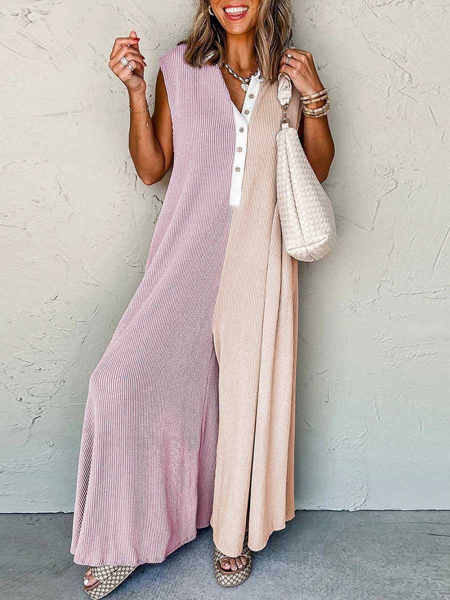 Women's V-neck Sleeveless Contrast Color Stitching Casual Wide-leg Jumpsuit