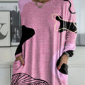 Women's Pink Irregular Pattern Print Casual V-neck Long Sleeve T-shirt