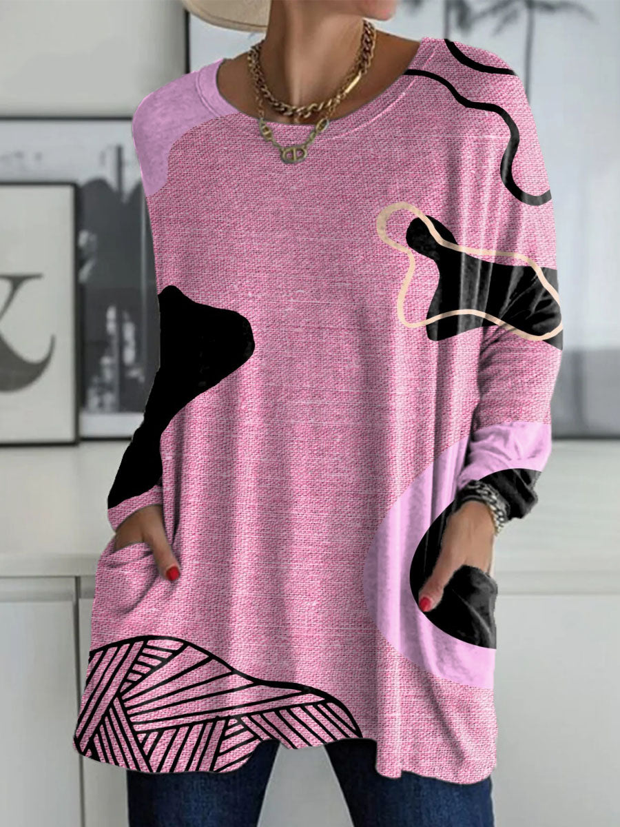 Women's Pink Irregular Pattern Print Casual V-neck Long Sleeve T-shirt