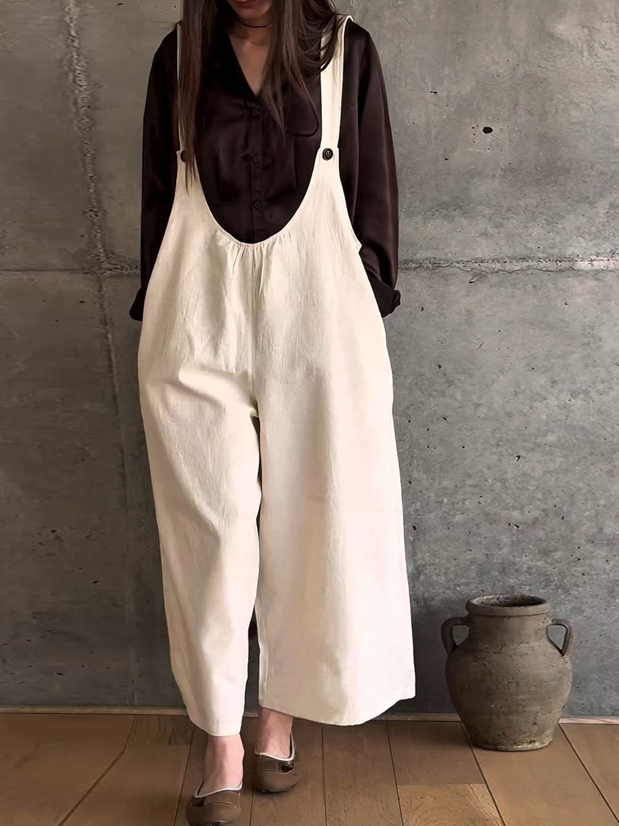 Women's Solid Color U-Neck Sleeveless Suspender Casual Cotton and Linen Jumpsuit Wide-Leg Pants