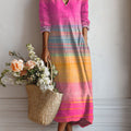 Women's Vintage Gradient  Art Print Linen Pocket Tunic Dress