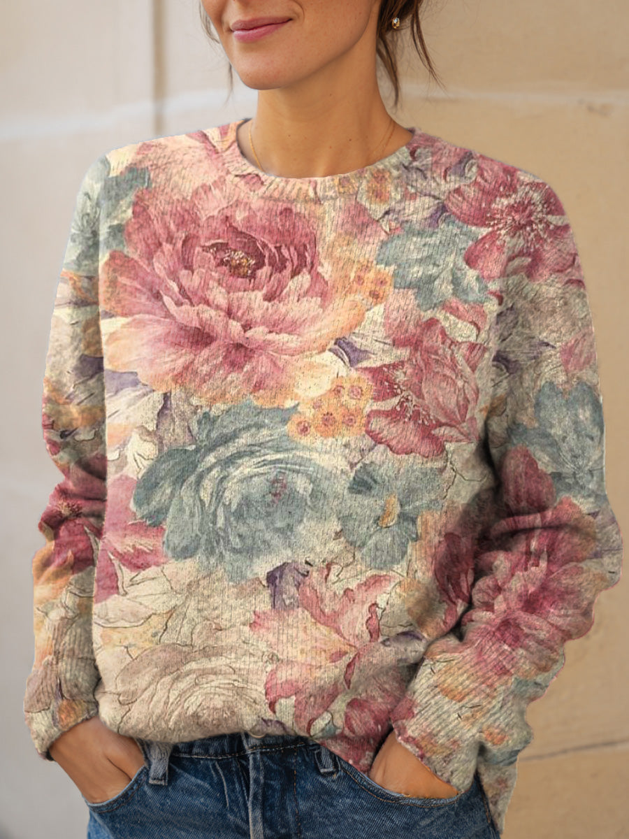 womens-vintage-artistic-floral-print-knit-pullover-sweater