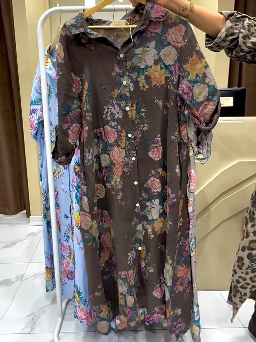 Women's Shirt Collar 3/4 Sleeves Vintage Print Casual Pocket Cotton and Linen Shirt Dress