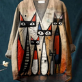 Women's Abstract Cat Art Print Casual Cotton And Linen V-neck Shirt