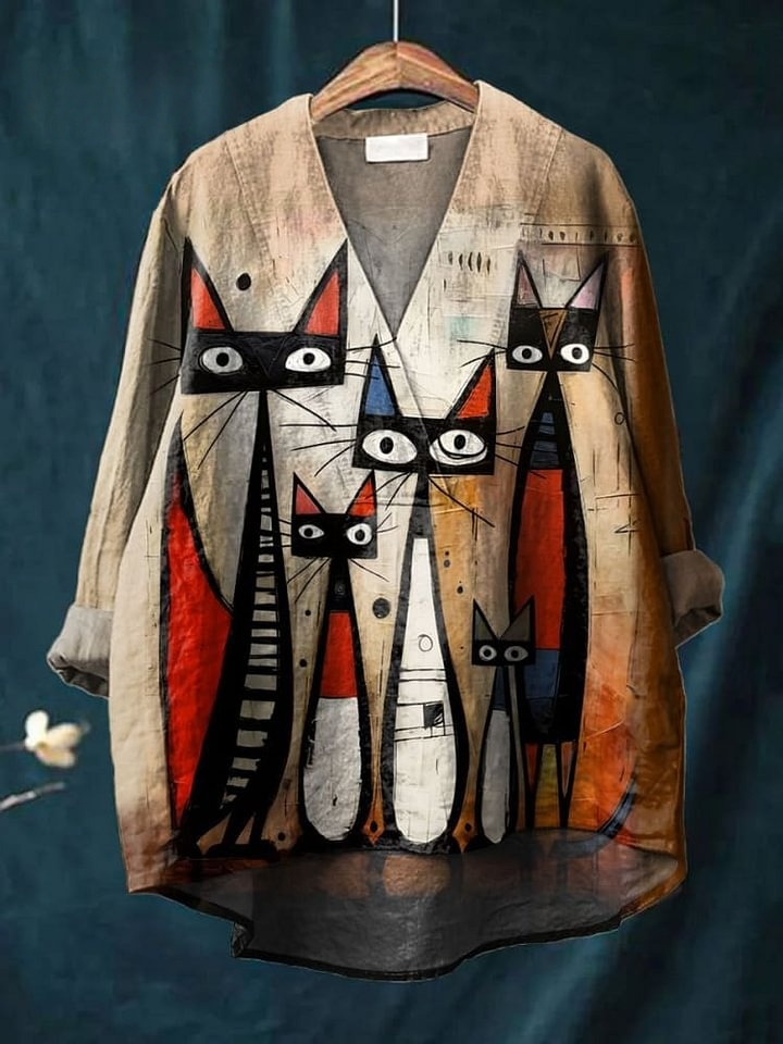Women's Abstract Cat Art Print Casual Cotton And Linen V-neck Shirt