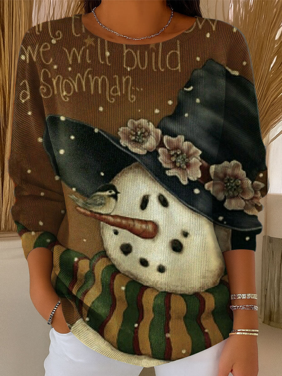 Women's Christmas Vintage Snowman Art Print Casual Pullover Sweater