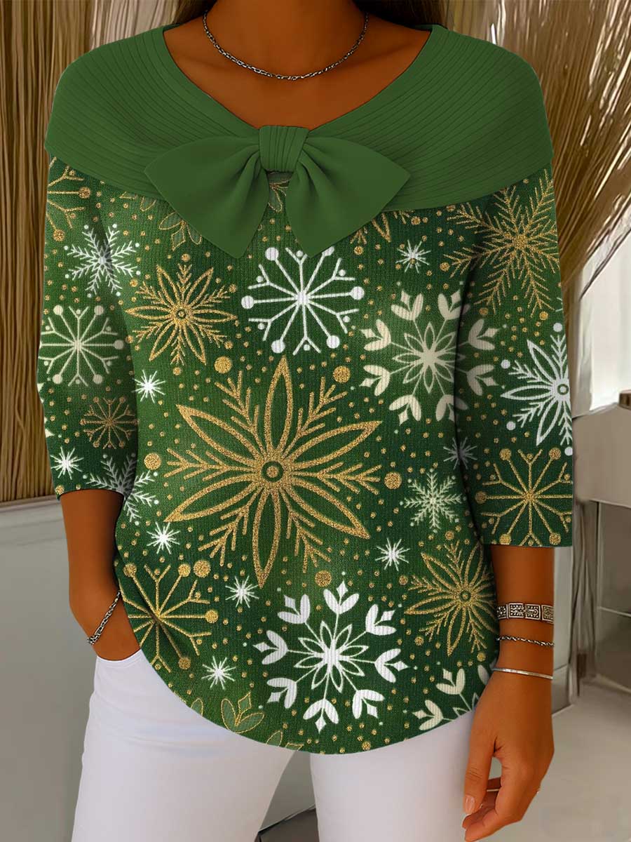 Women's Christmas Print Crew Neck 3/4 Sleeve Casual Pullover Sweater