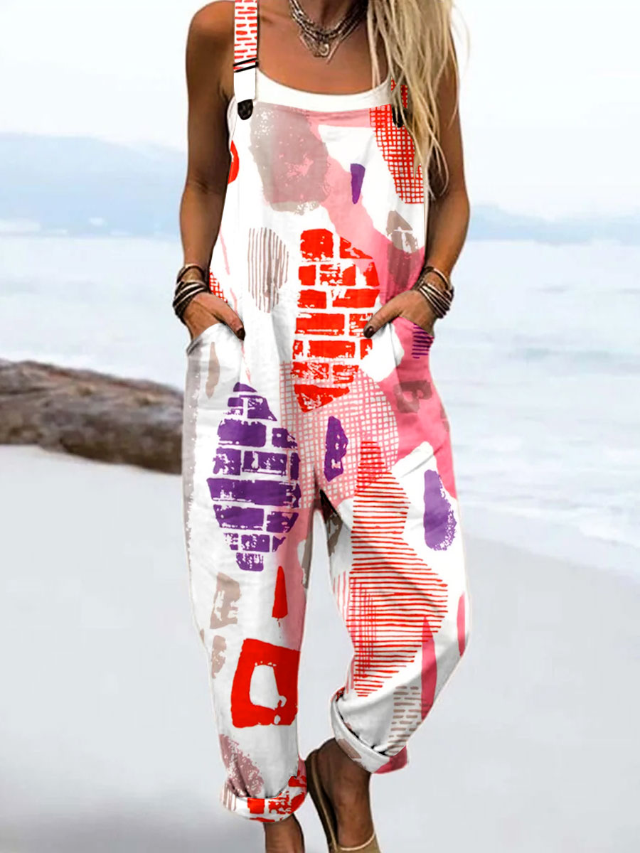 Women's Vintage Abstract Geometric Color Blocks Art Print Casual 100% Cotton Wide Leg Jumpsuit