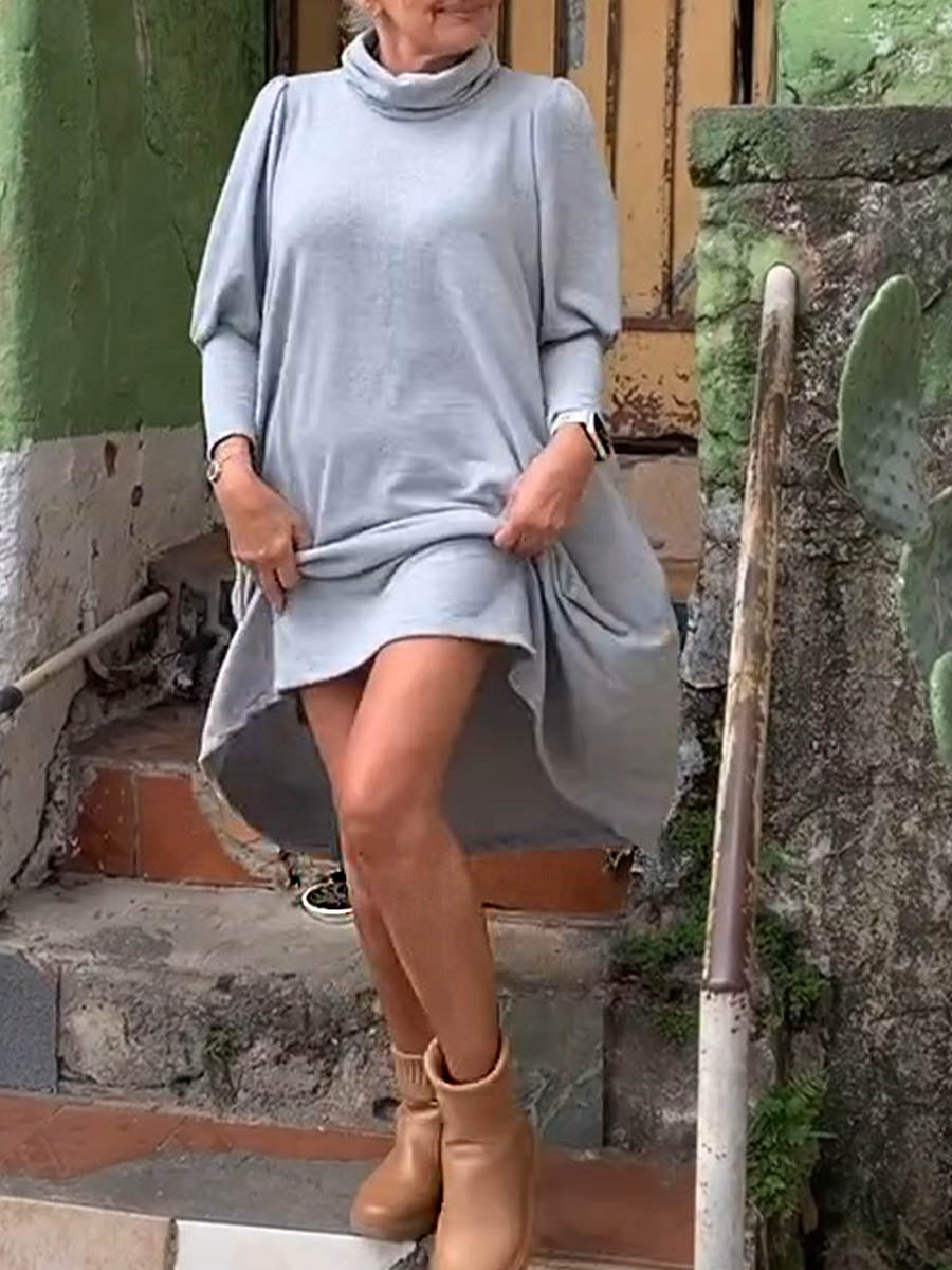 Women's Solid Color Turtleneck Long Sleeve Casual Loose Cotton Dress