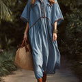 Women's Casual Loose Cotton-linen Dress With Shirt Collar And 3/4 Sleeves