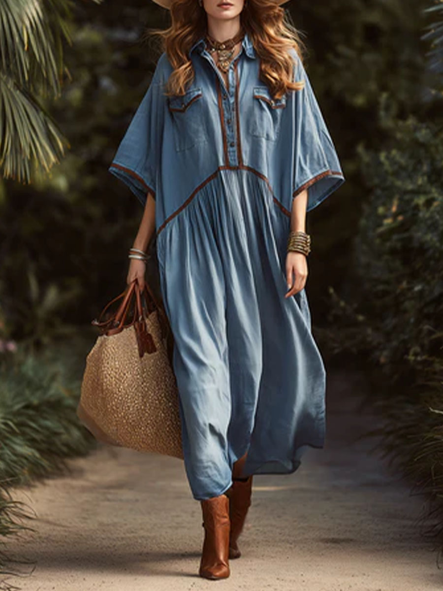 Women's Casual Loose Cotton-linen Dress With Shirt Collar And 3/4 Sleeves