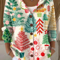 Women's Cute Colorful Winter Christmas Tree Art Print Casual Hooded Button Sweater