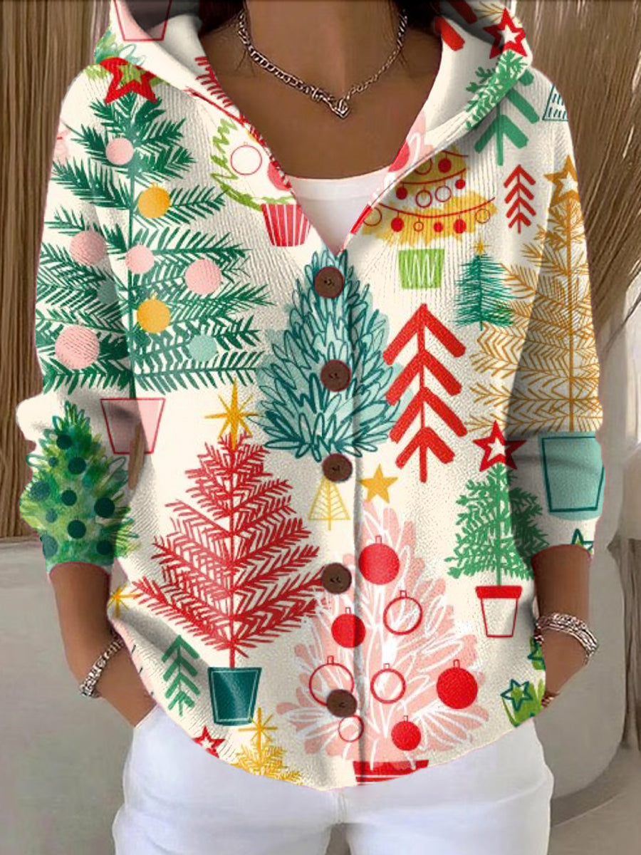 Women's Cute Colorful Winter Christmas Tree Art Print Casual Hooded Button Sweater