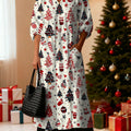 Women's Christmas Tree Art Print Pocket V-neck Cotton Dress