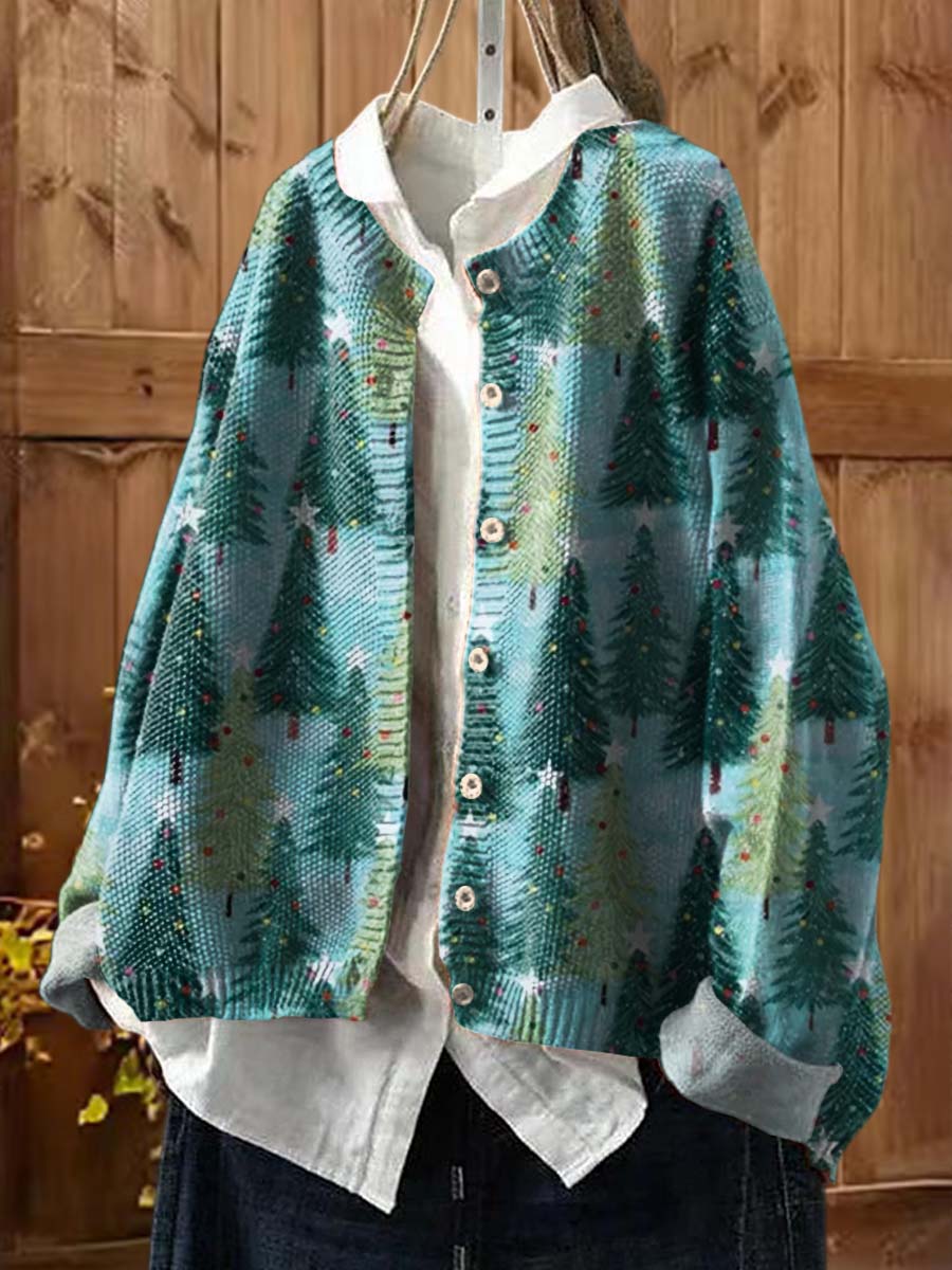 Women's Christmas Print Crew Neck Long Sleeve Casual Loose Cardigan Sweater