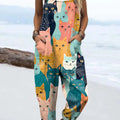 Women's Lovely Cats Art Print Casual 100% Cotton Wide Leg Jumpsuit