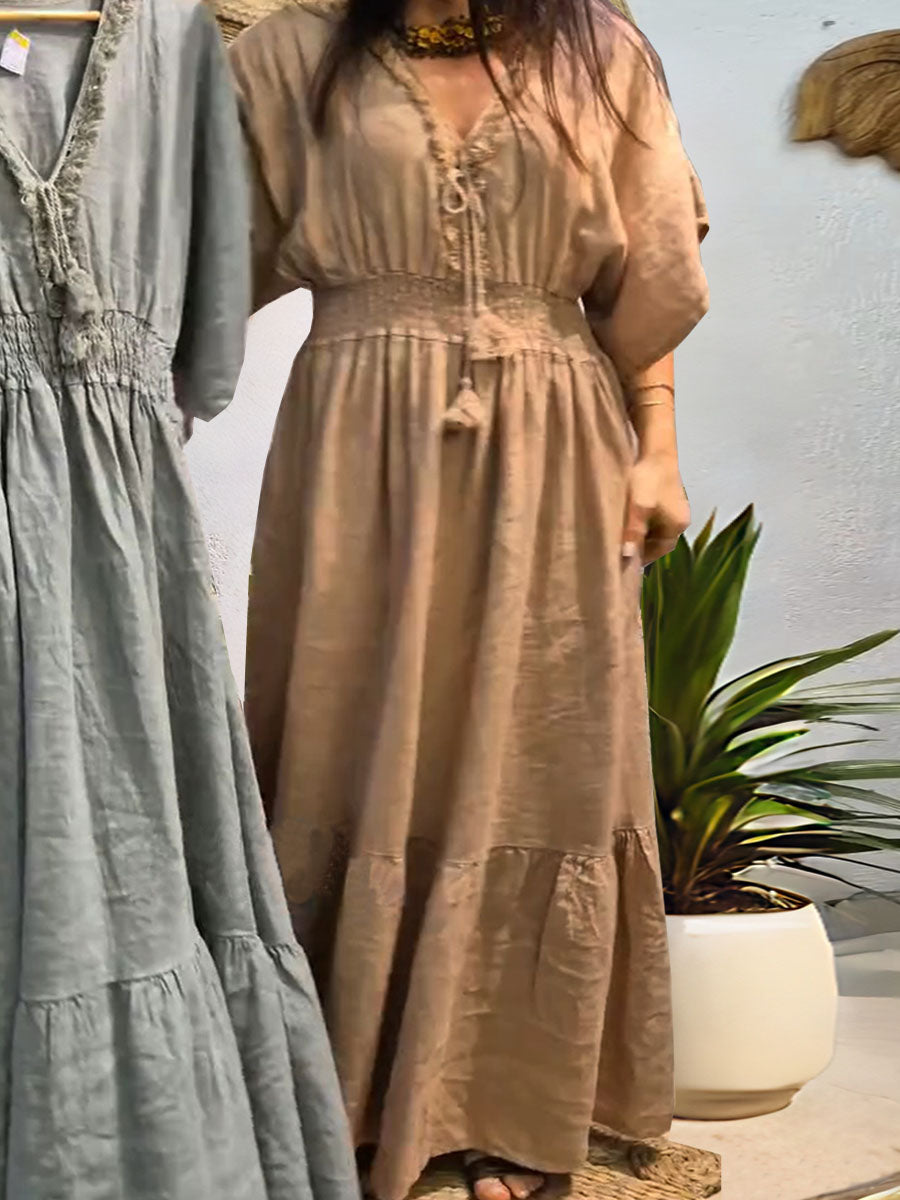 Women's V-neck Short Sleeve Elastic Waist Solid Color Casual Cotton and Linen Dress