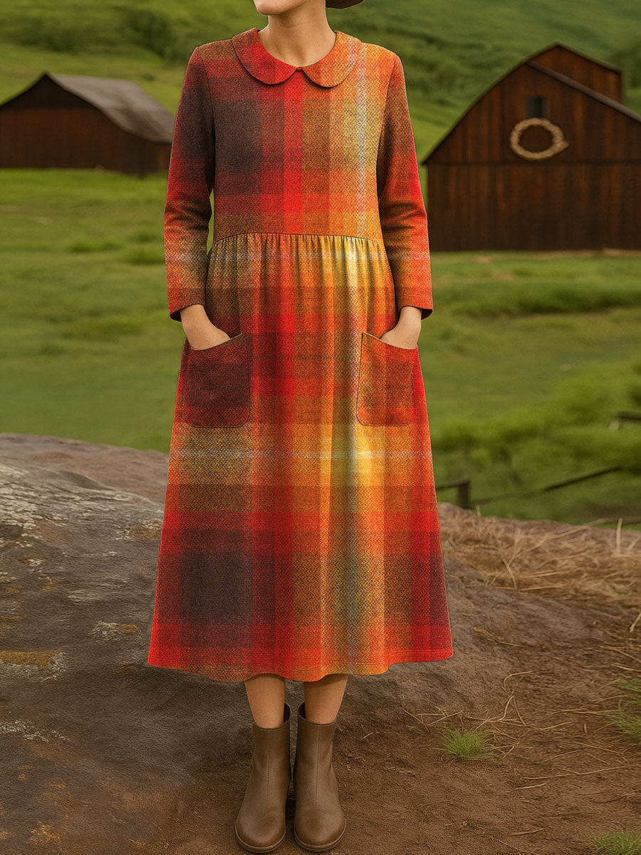 Women's Vintage Plaid Art Print Cotton Lapel Button-Down Shirt Dress