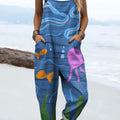 Women's Colorful Abstract Underwater World Art Print Casual 100% Cotton Wide Leg Jumpsuit