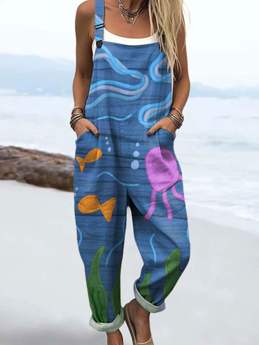Women's Colorful Abstract Underwater World Art Print Casual 100% Cotton Wide Leg Jumpsuit