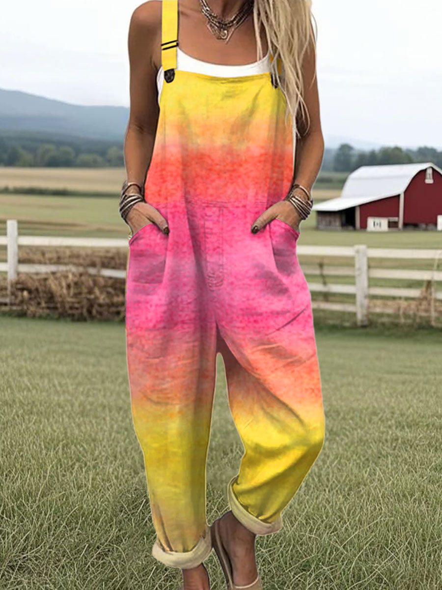 Women's Vintage Gradient  Art Print Casual 100% Cotton Wide Leg Jumpsuit