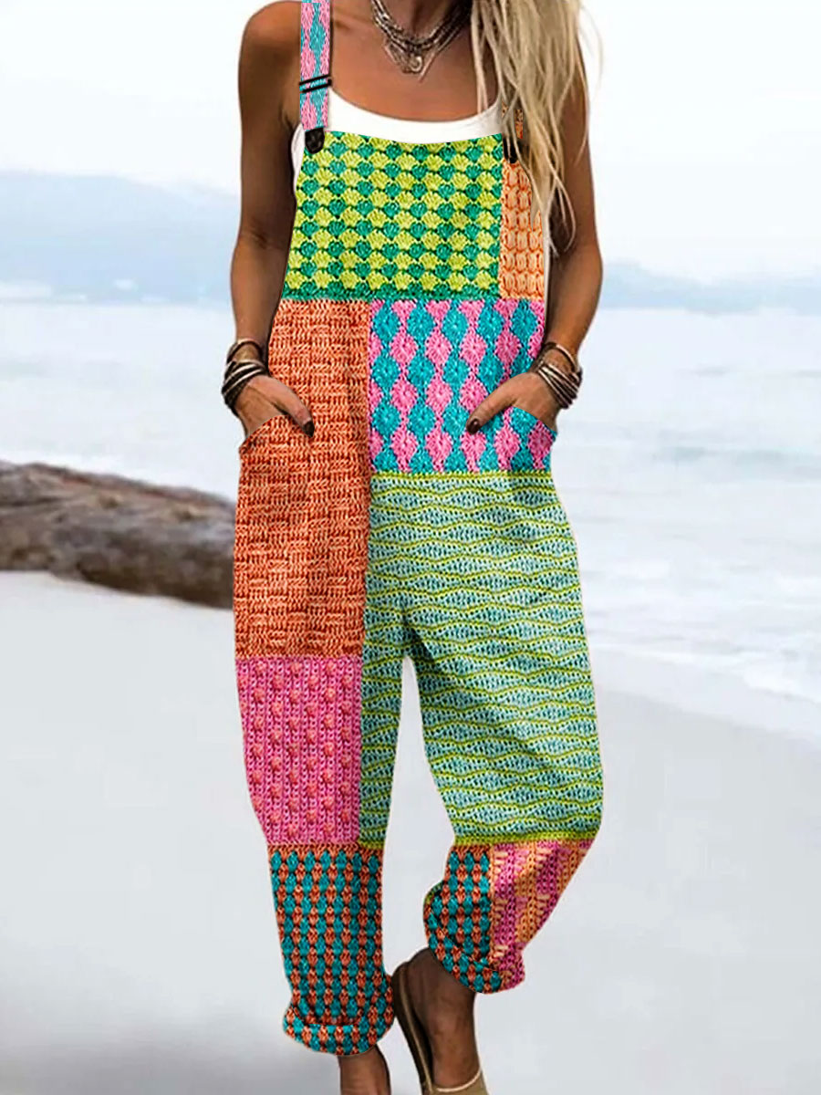 Women's Vintage Abstract Geometric Line Art Print Casual 100% Cotton Wide Leg Jumpsuit