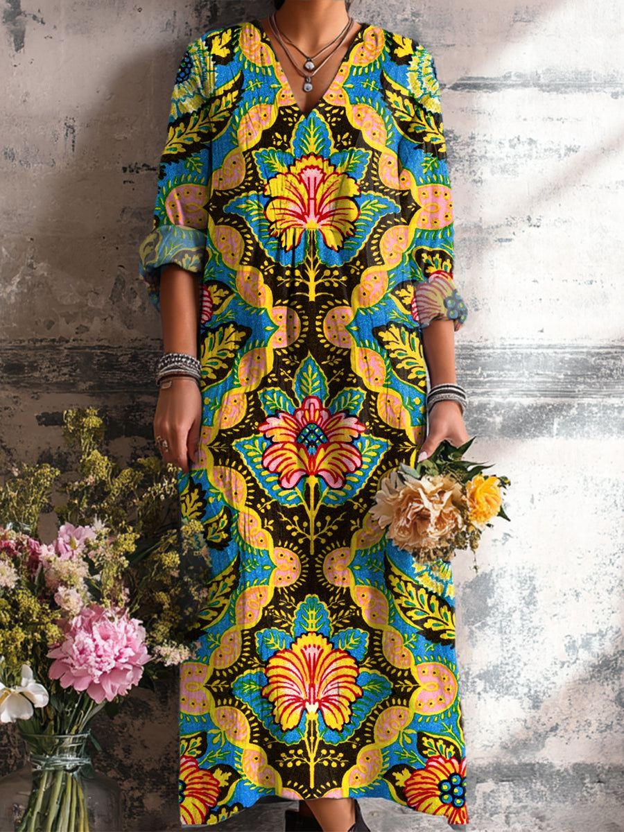 Women's Vintage Ethnic Rhombus Geometric Floral Painting Art Print Dress