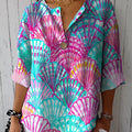 Colorful Sea Shell Pattern Printed Women's Casual Cotton Linen Shirt