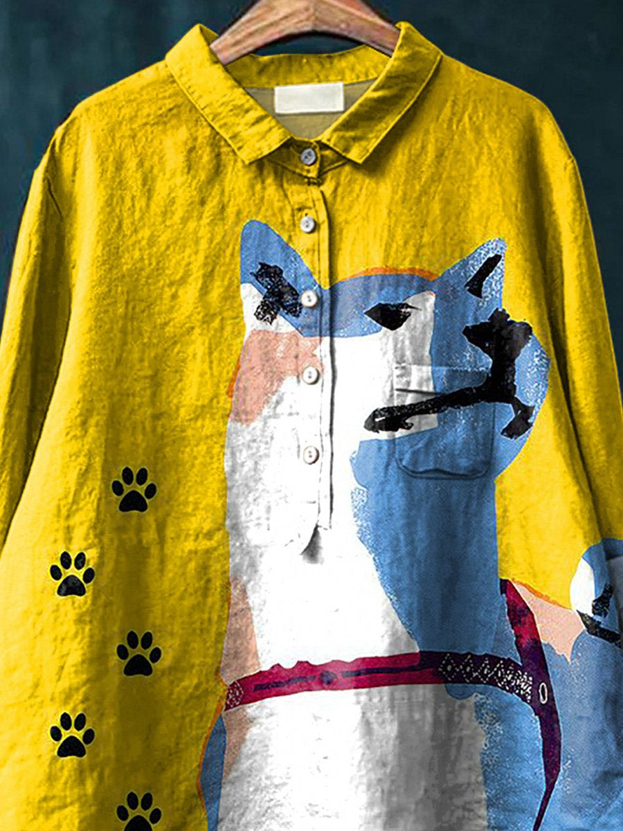 Shiba Inu Dog Graphic Printed Women's Casual Cotton And Linen Shirt