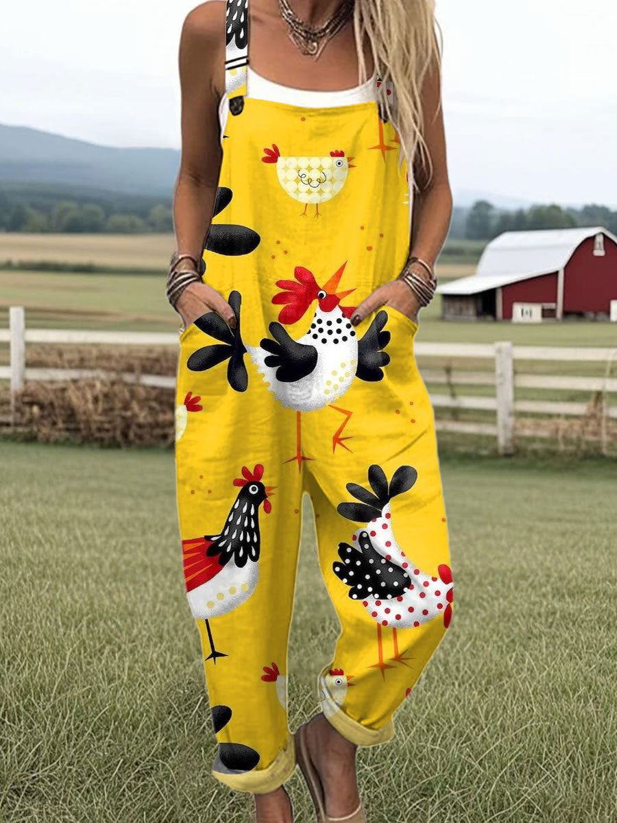 Women's Funny Chick Art Print Casual 100% Cotton Wide Leg Jumpsuit