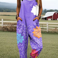 Women's Vintage Floral Art Print Casual 100% Cotton Wide Leg Jumpsuit