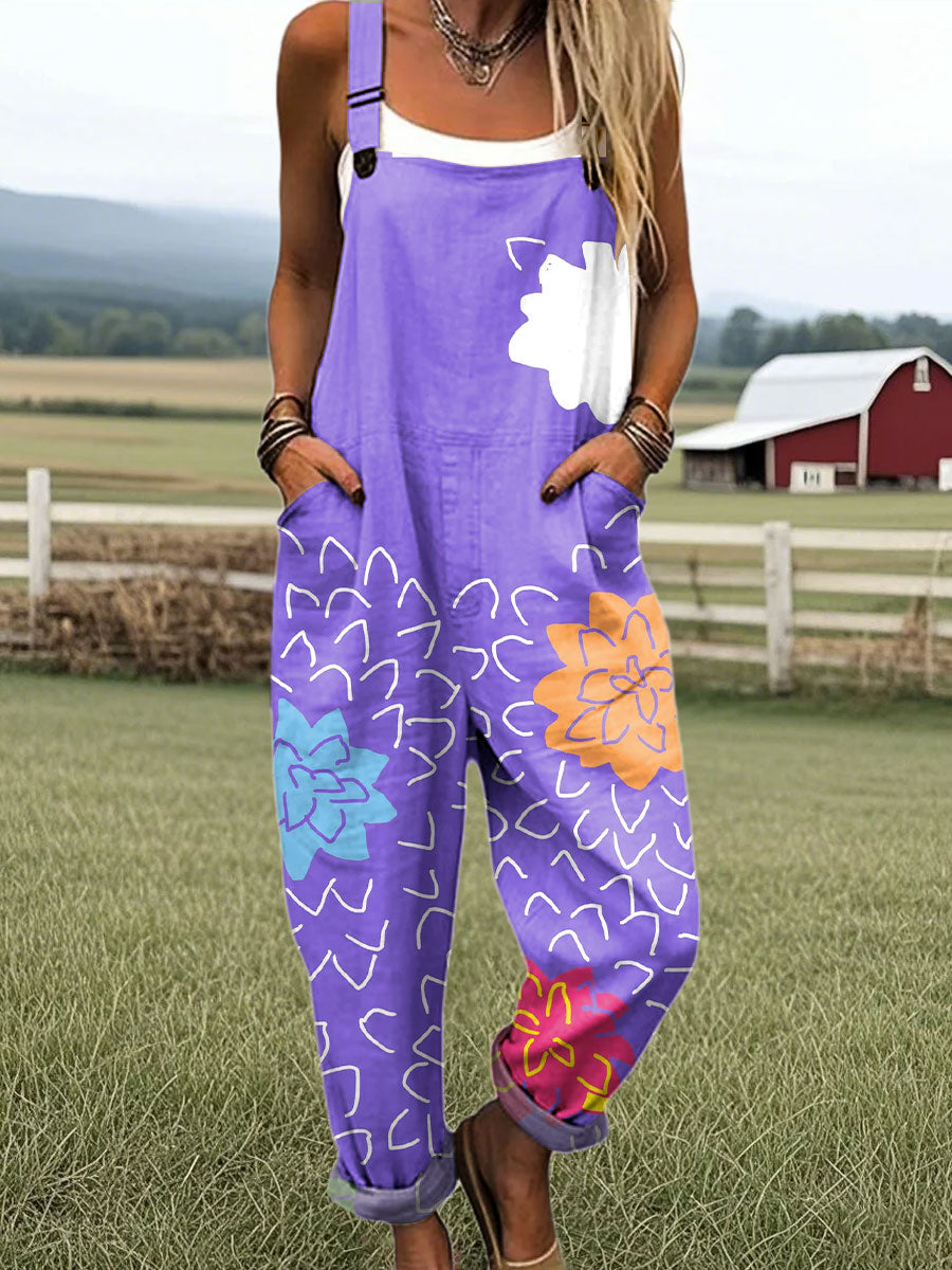 Women's Vintage Floral Art Print Casual 100% Cotton Wide Leg Jumpsuit