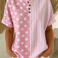 Artistic Polka Dot & Stripe Cotton-linen Henley Blouse