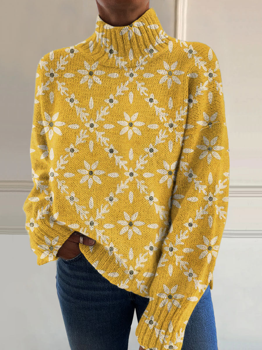 vintage-color-block-floral-art-print-knit-turtleneck-pullover-sweater