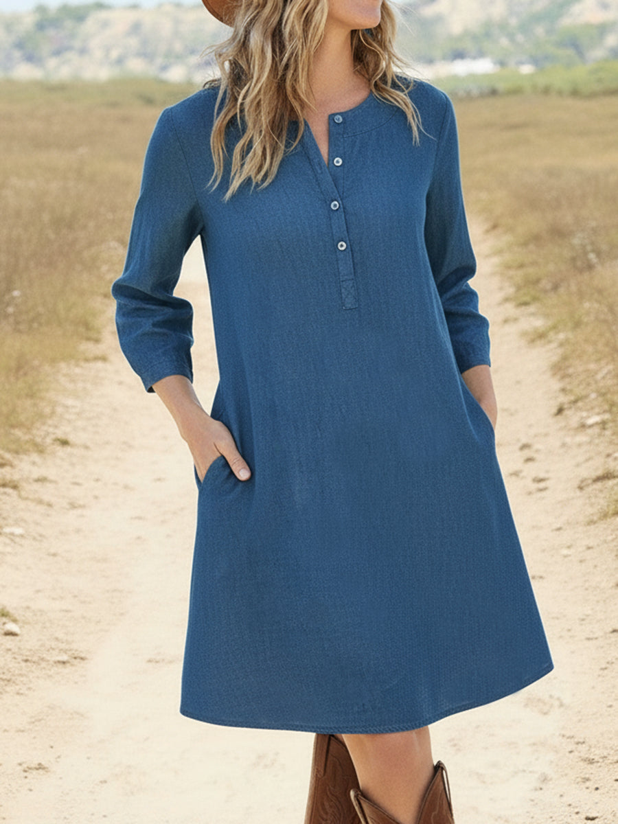 Casual Solid Henley Neck A-Line Cotton Dress