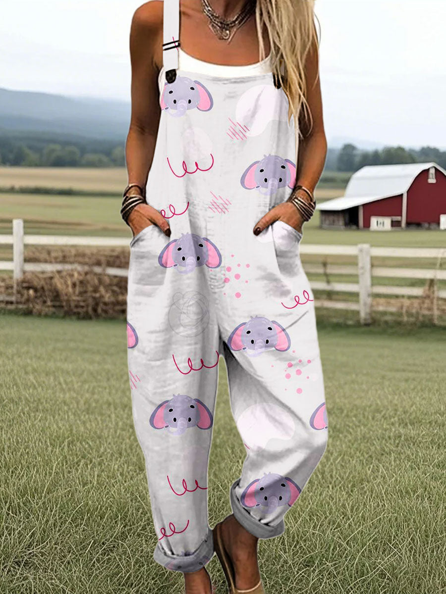 Women's Funny Elephant Art Print Casual 100% Cotton Wide Leg Jumpsuit