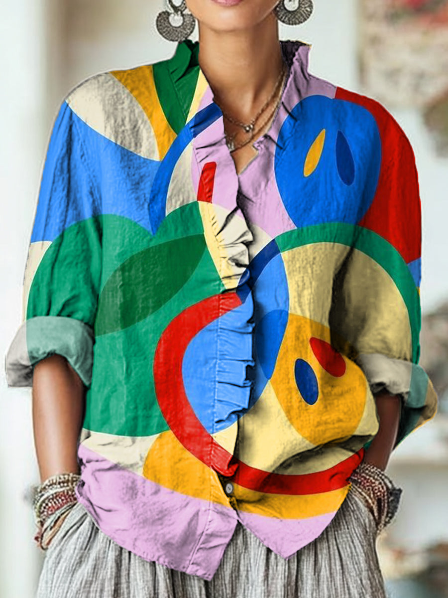 Women's Beautiful Abstract Colorful Apple Geometric Painting Art Print Casual Cotton And Linen Ruffle Shirt