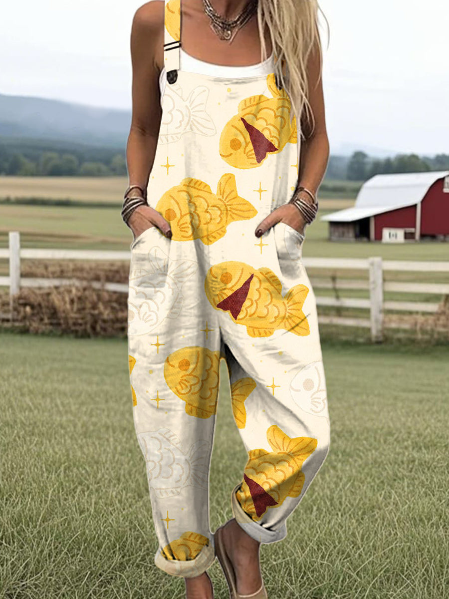 Women's Colorful Cute Fish Cake Painting Art Print Casual 100% Cotton Wide Leg Jumpsuit