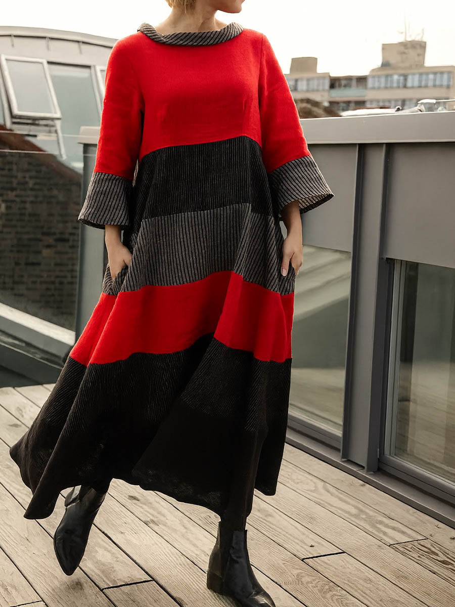 Women's Round Neck 3/4 Sleeves Contrast Color Printed Casual Loose Cotton and Linen Dress