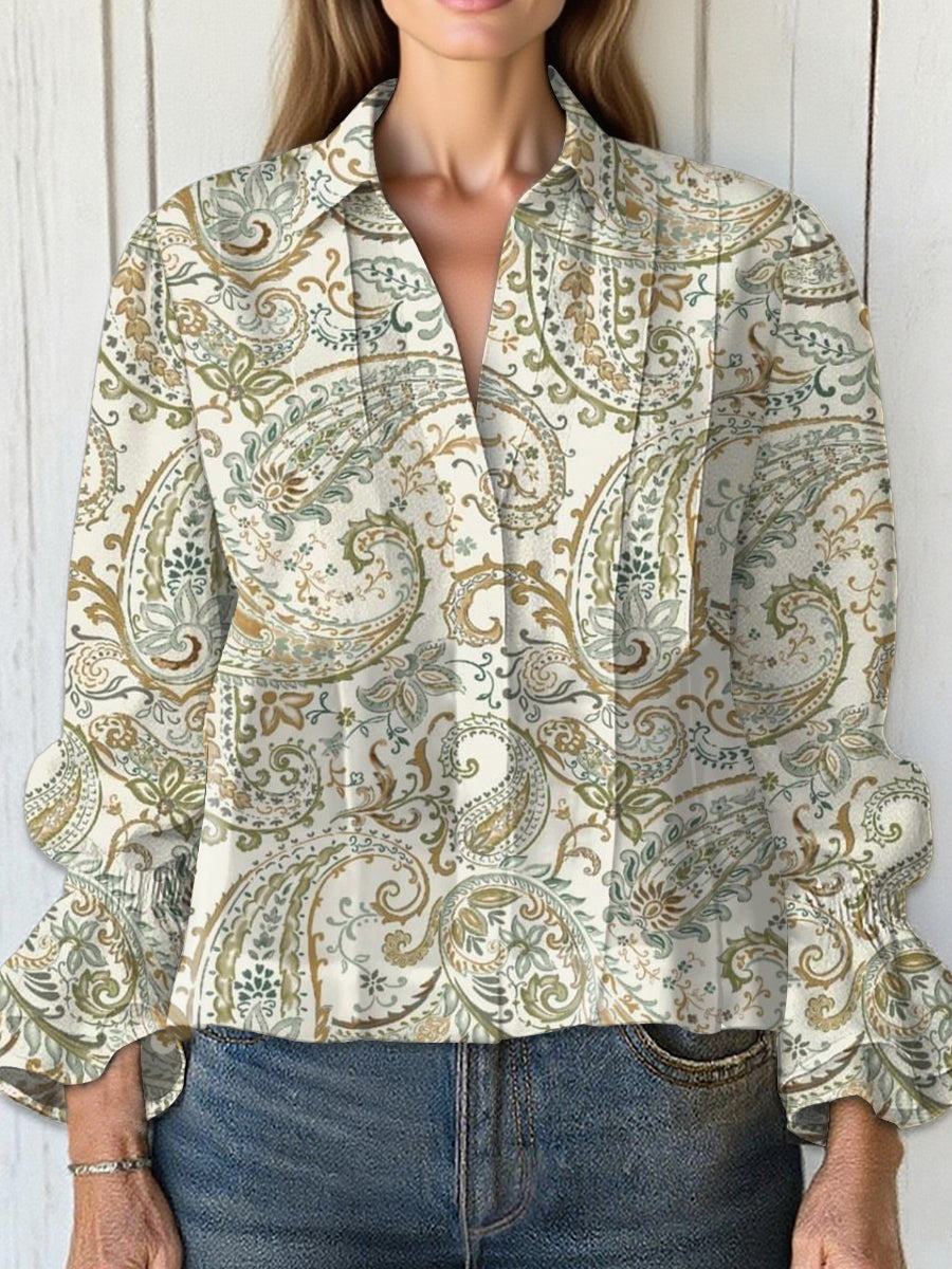 Women's  Vintage Cashew Flower  Art Print Casual  Cotton And Linen Shirt