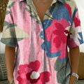 Retro Color-block Botanical Print Cotton-linen Short-sleeve Shirt
