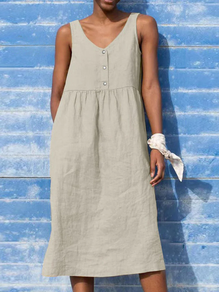 Women's Solid Color Loose Elegant Casual Cotton And Linen Sleeveless Dress