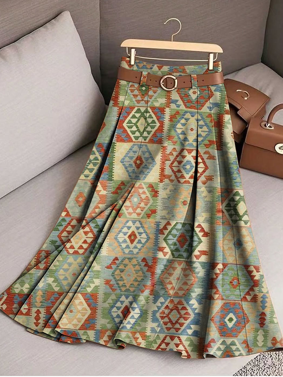 Women's Vintage Ethnic Rhombus Geometric Art Print Cotton Skirt