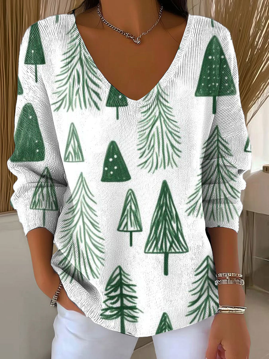 Women's Christmas Tree Pattern Print Casual Pullover Sweater