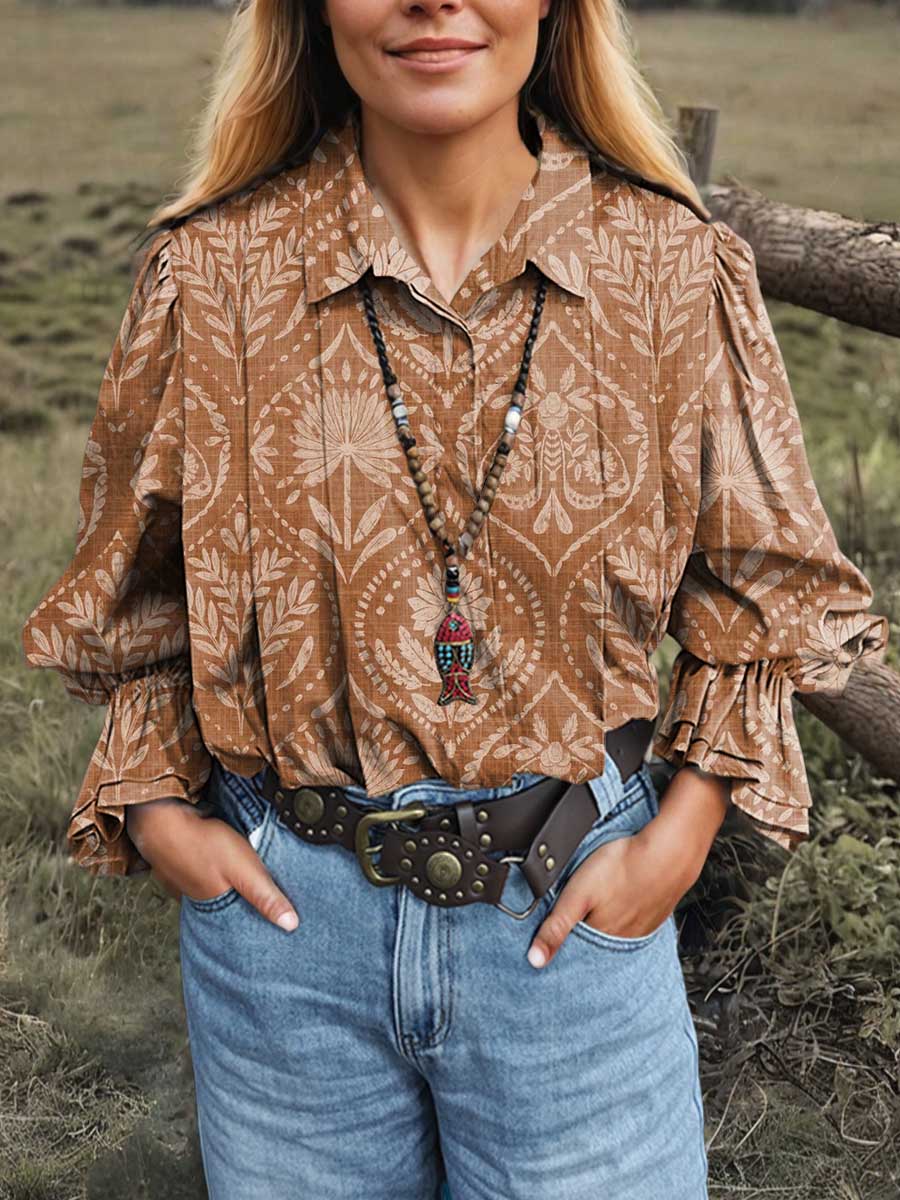 Women's Retro Print Lapel Long Sleeve Pleated Casual Cotton and Linen Shirt